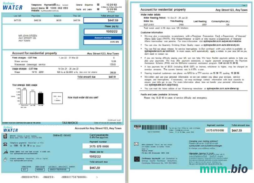 Australia Sydney Water rachunek za media, Word i PDF template, 2 strony